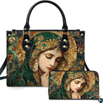 Byzantine mosaic Virgin Mary handbag featuring emerald green and gold tesserae.