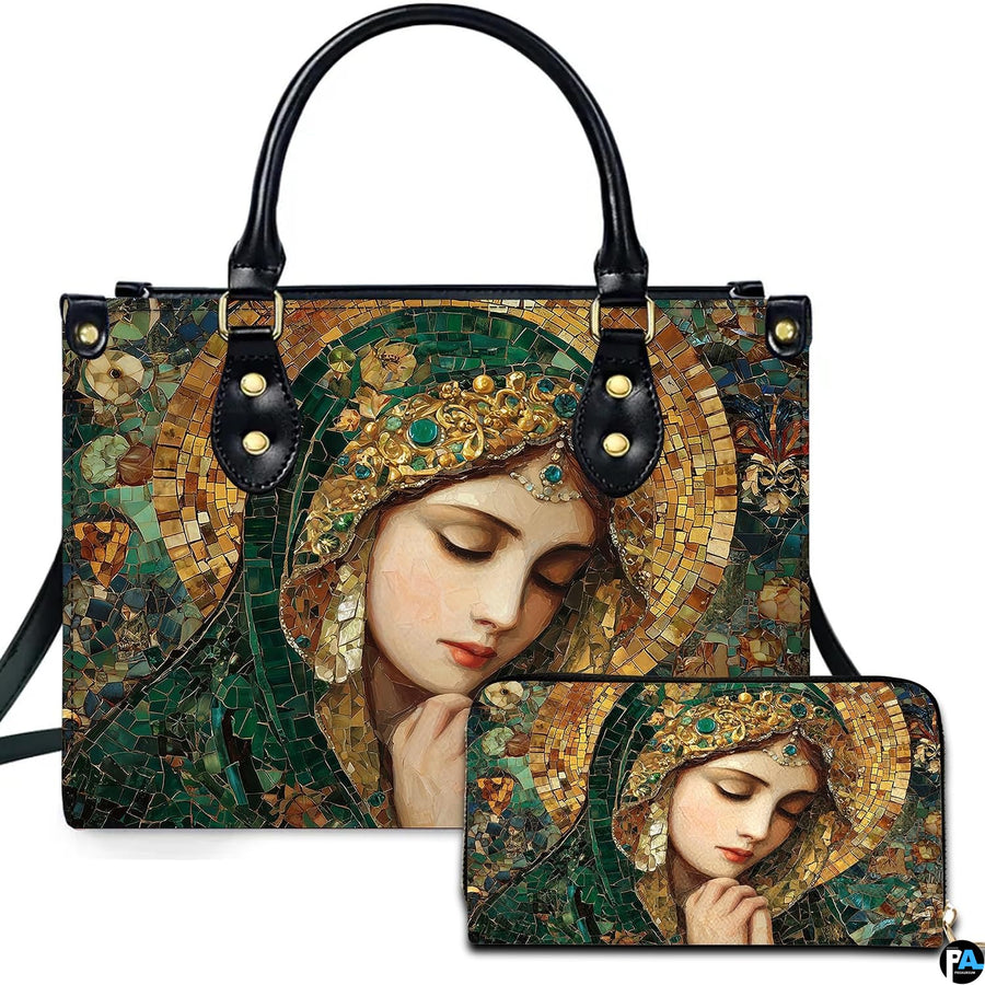 Byzantine mosaic Virgin Mary handbag featuring emerald green and gold tesserae.