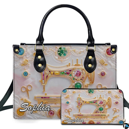 Golden sewing machine artwork presented beside matching companion accessory on neutral surface.