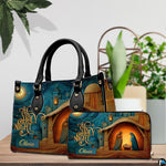 Coordinating Bethlehem nativity tote handbag and zippered wallet duo