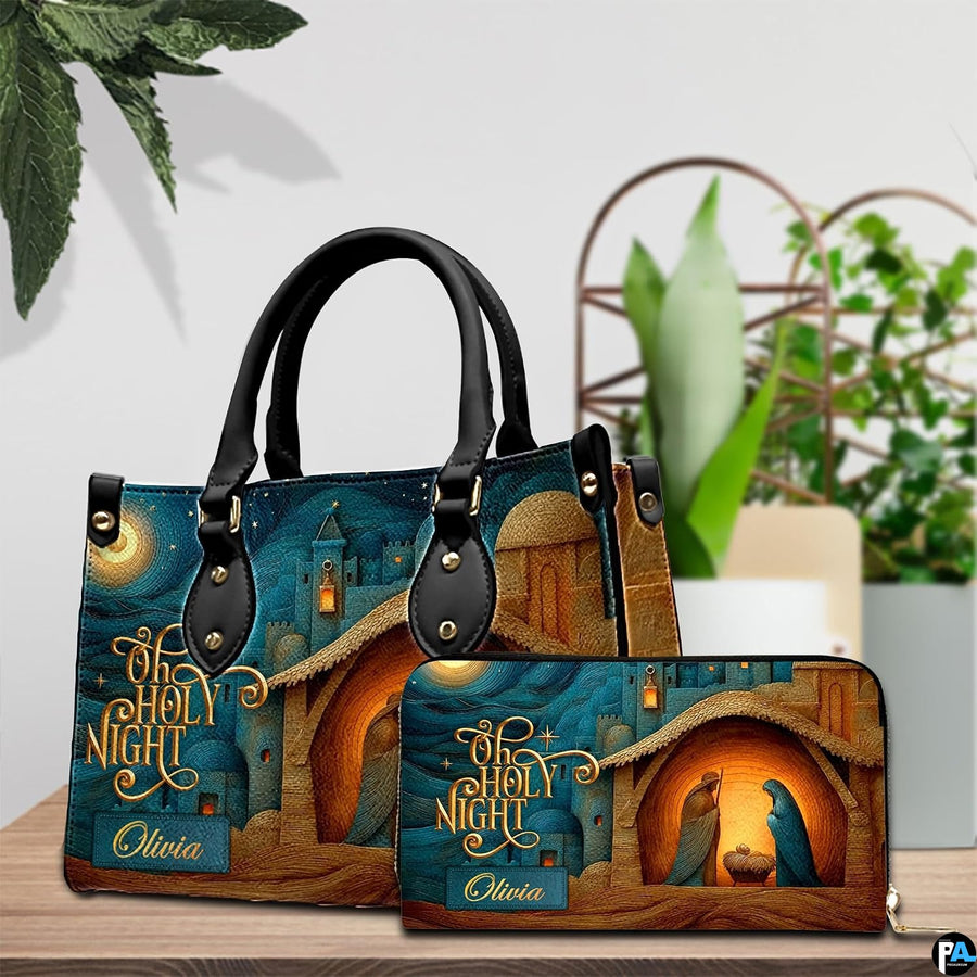 Coordinating Bethlehem nativity tote handbag and zippered wallet duo
