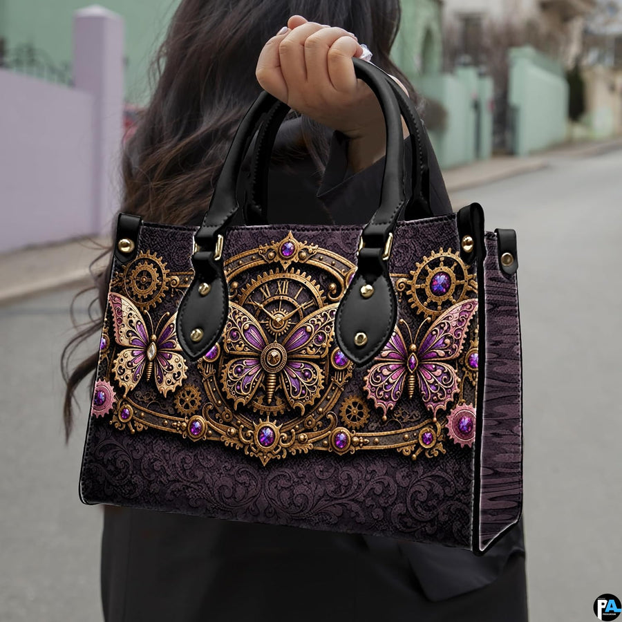 Lifestyle presentation of steampunk butterfly handbag and wallet set with accessories