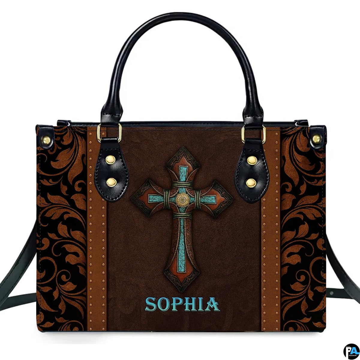 Western handbag featuring an ornate cross with turquoise stone inlay, studded borders, and carved scrollwork.