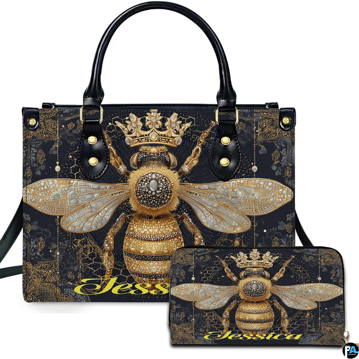 Front view of crowned queen bee handbag and matching wallet set with golden filigree artwork.