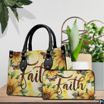 Detailed perspective of sunflower handbag highlighting handle anchors and golden script details.