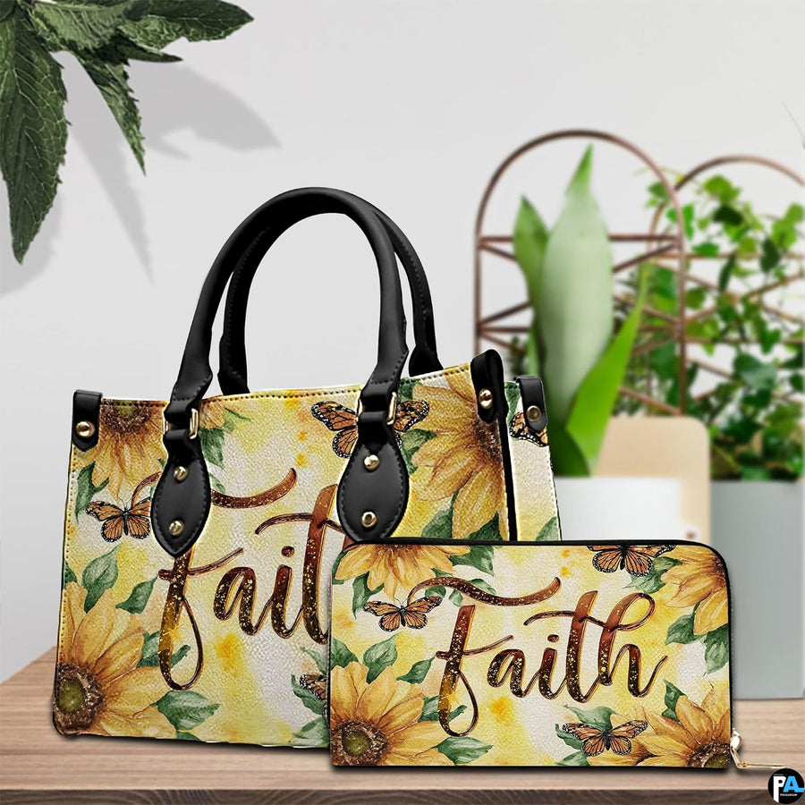 Detailed perspective of sunflower handbag highlighting handle anchors and golden script details.
