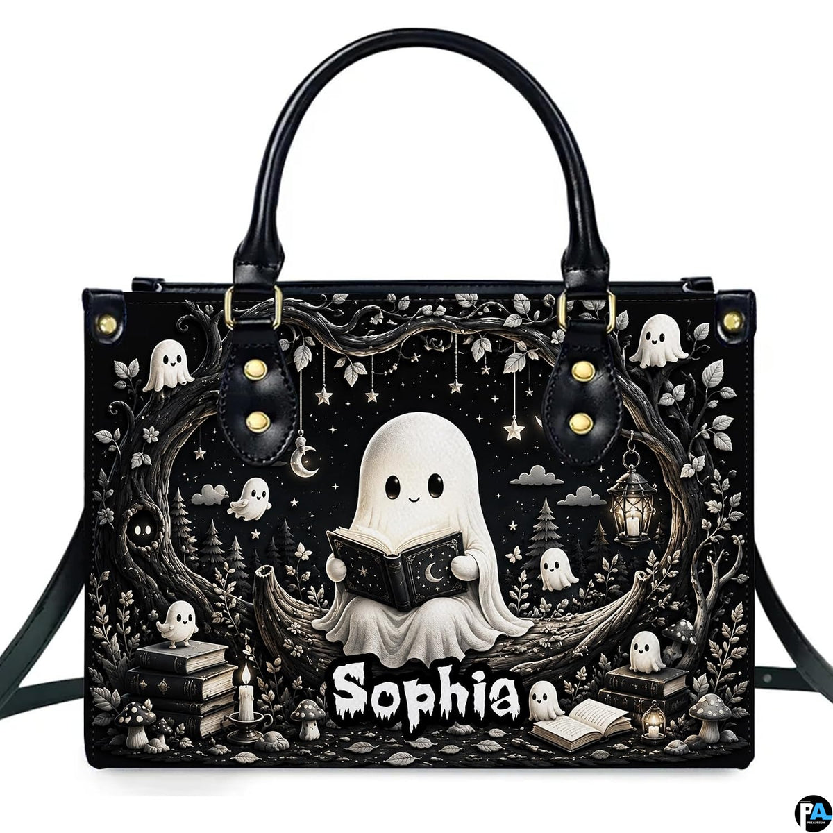 Front product view of structured satchel displaying monochrome reading ghost and bookish spirits artwork.