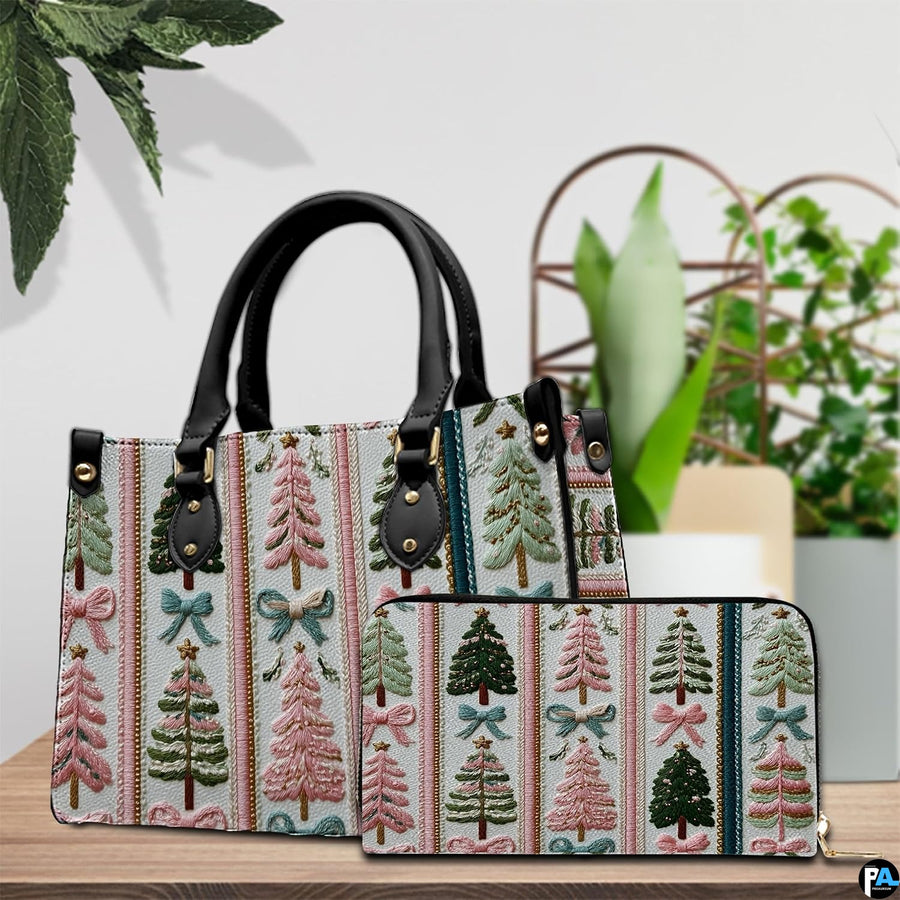 Lifestyle arrangement featuring holiday tree column artwork beside potted indoor botanical foliage.