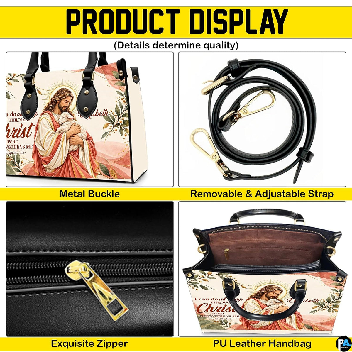 Four-panel showcase illustrating design details, hardware, and interior layout.