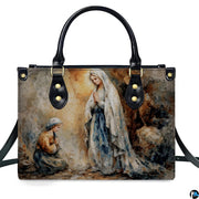 Handbag displayed outdoors in daylight showing soft impressionist Lourdes artwork.