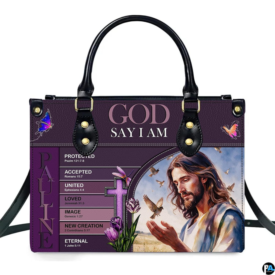 Christian Jesus scripture affirmations handbag displayed alone on white background.