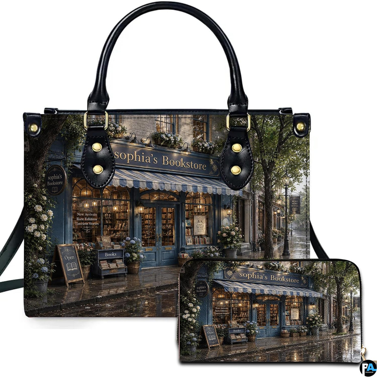 Rainy street storefront with blue striped awning and hydrangea planters on matching handbag and wallet set.