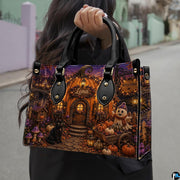 Outdoor street presentation featuring the pumpkin house art accessory held in daylight.