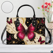 Front tabletop presentation of magenta butterfly artwork placed beside floral vase and circular texture inset.
