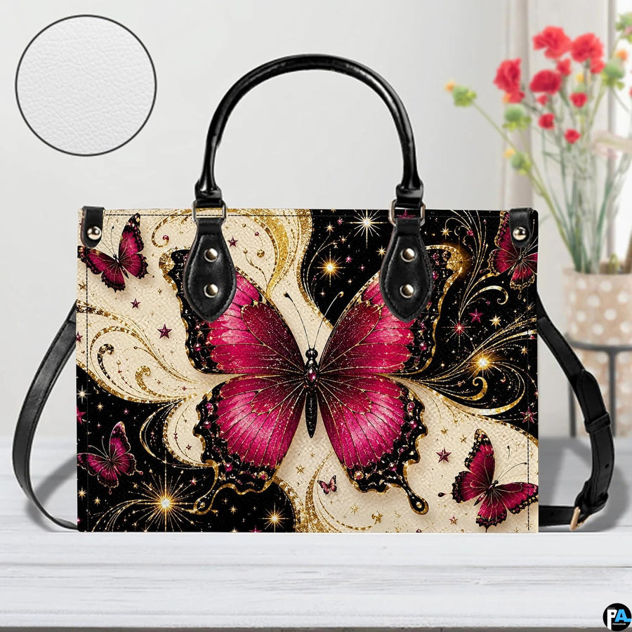 Front tabletop presentation of magenta butterfly artwork placed beside floral vase and circular texture inset.