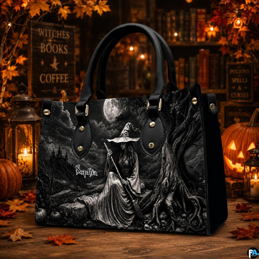 Detailed view of the dark fantasy seated sorceress artwork featuring gnarled tree branches and night sky.