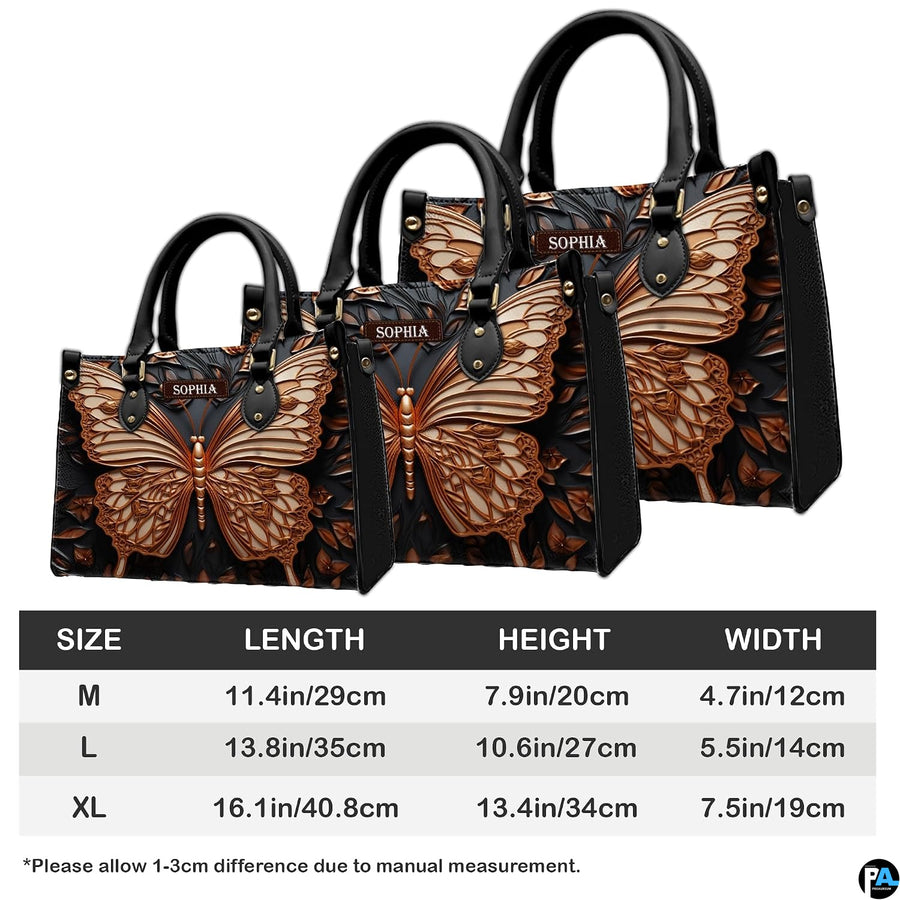 Size comparison chart detailing dimensions for medium, large, and extra-large handbags.