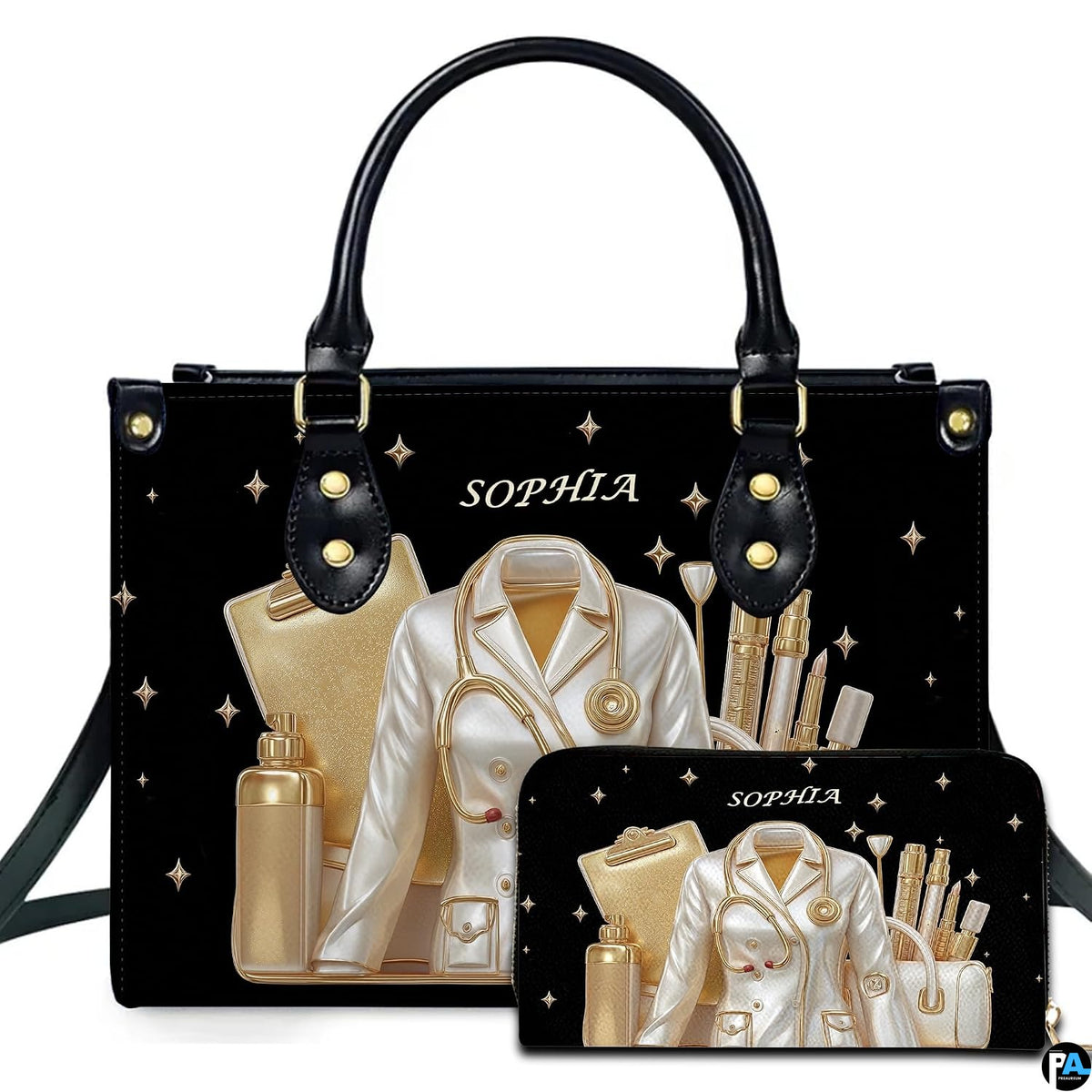 Perspective angle of structured doctor handbag displaying side and front proportions