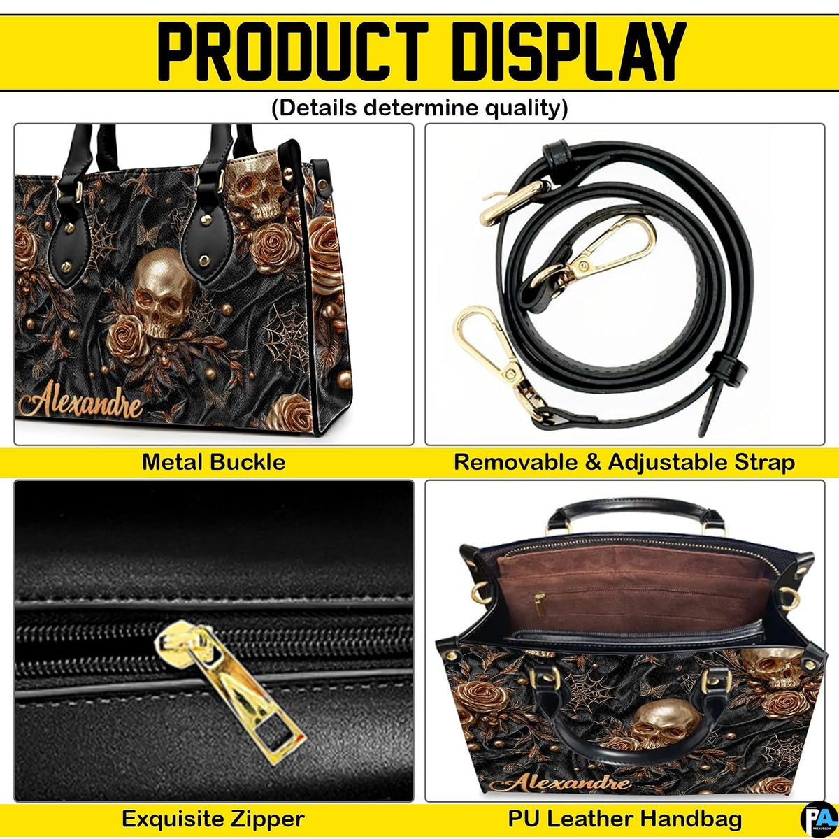 Four-panel showcase illustrating design details, hardware, and interior layout.