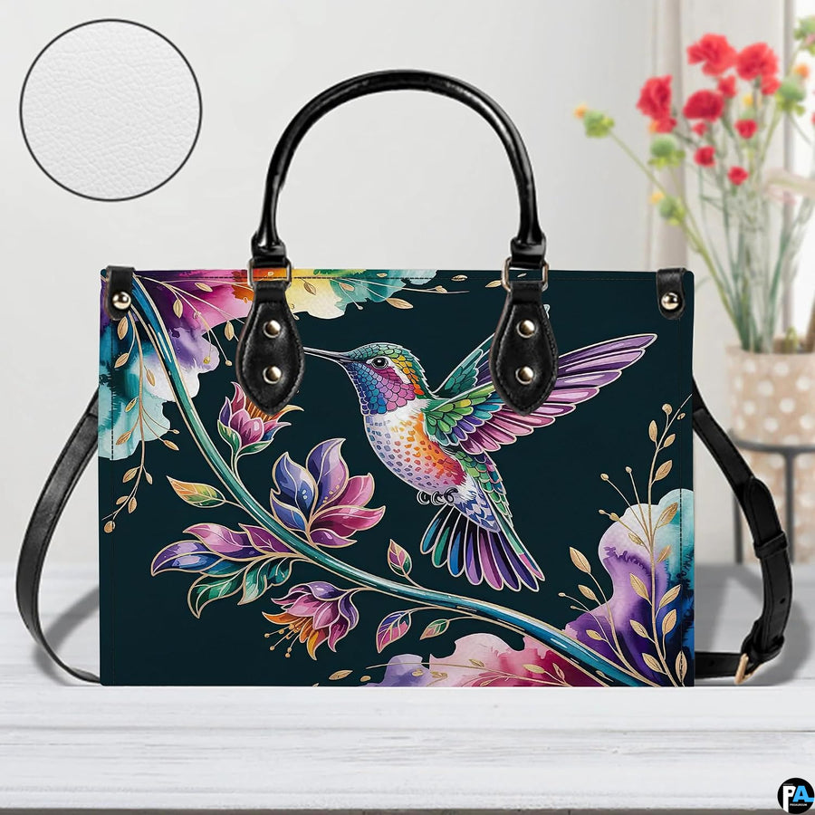 Handbag standing upright on wooden tabletop in softly lit indoor room.