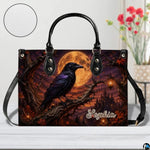 Personalized Halloween Gothic Leather Handbag Custom Raven Black Cat Purse Dark Fantasy Shoulder Bag Gift for Women
