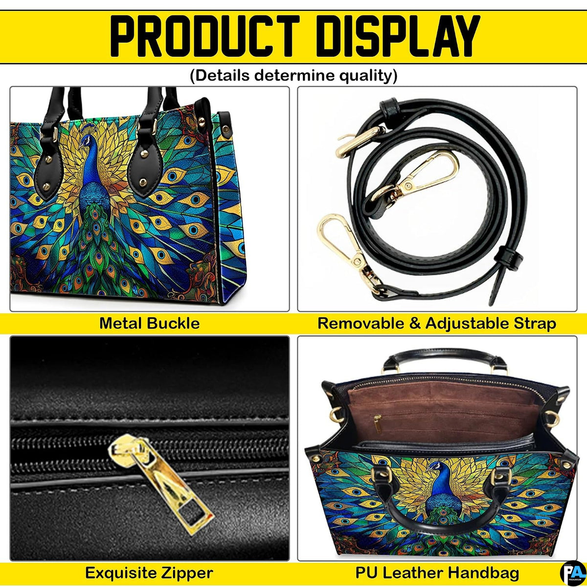 Peacock artwork handbag feature detail presentation