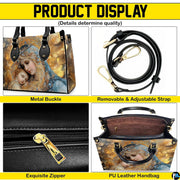 Infographic displaying handbag hardware, adjustable shoulder strap, zipper pull, and interior