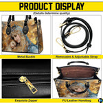 Infographic displaying handbag hardware, adjustable shoulder strap, zipper pull, and interior