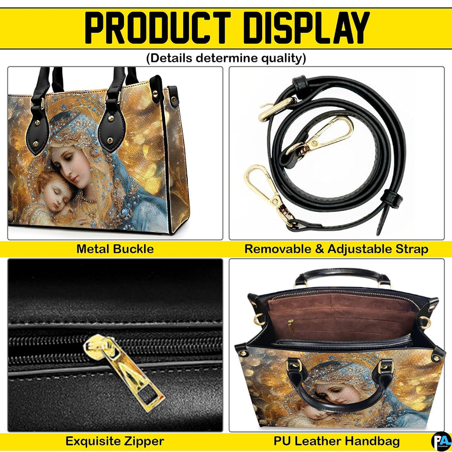 Infographic displaying handbag hardware, adjustable shoulder strap, zipper pull, and interior