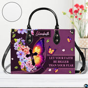 Front view of purple butterfly cross handbag with circular textured material swatch overlay