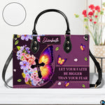 Front view of purple butterfly cross handbag with circular textured material swatch overlay