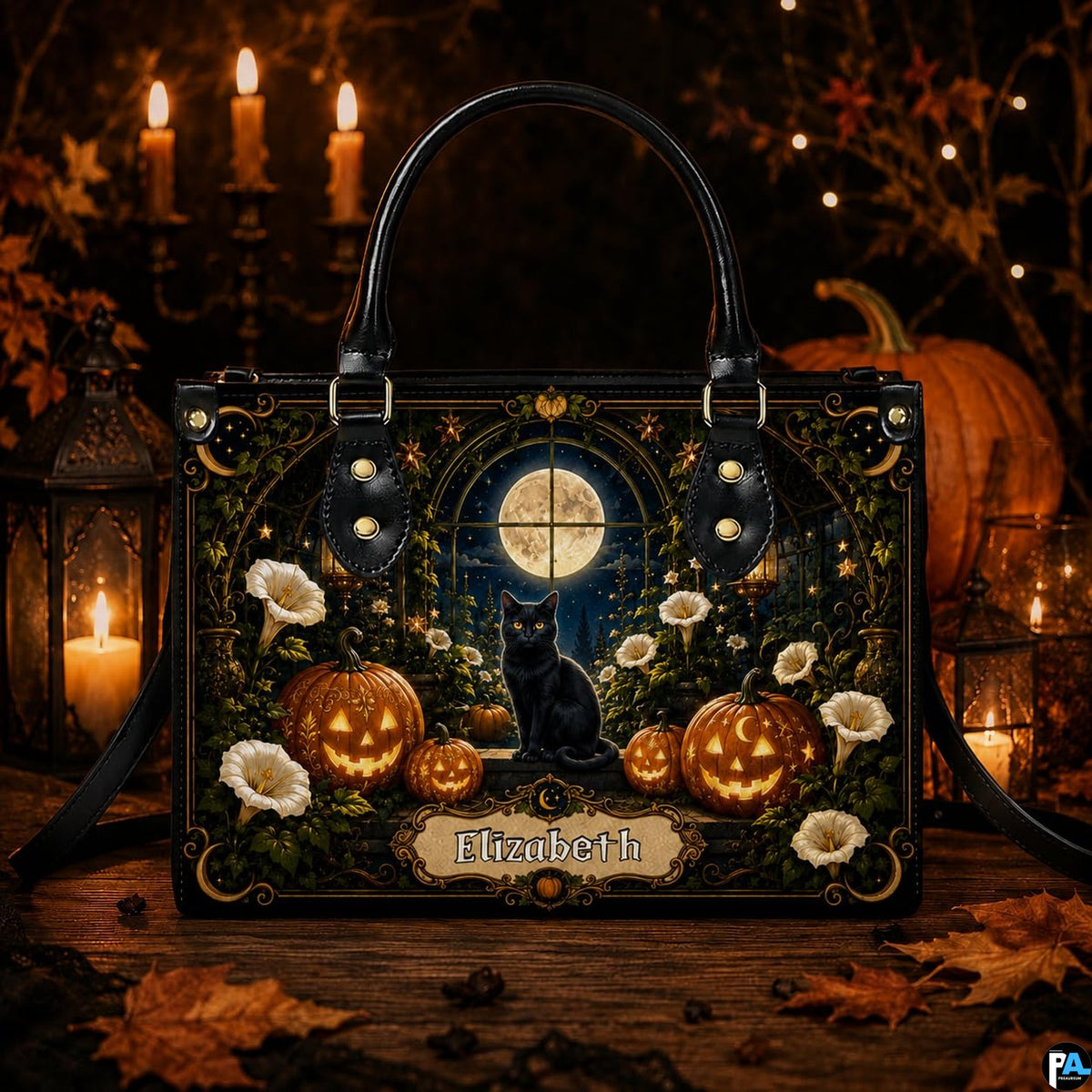 Frontal presentation highlighting the black cat moon art design on the primary accessory silhouette.
