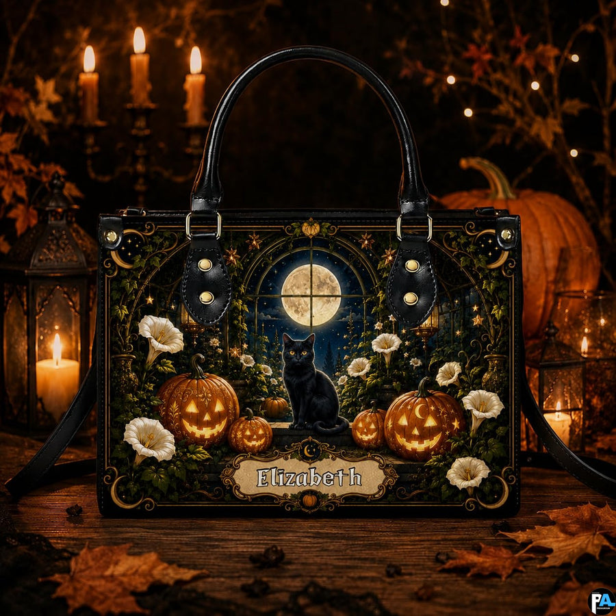 Frontal presentation highlighting the black cat moon art design on the primary accessory silhouette.