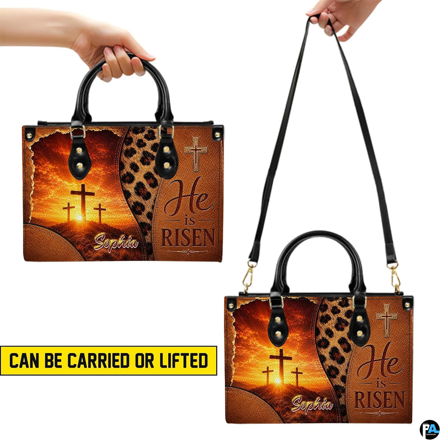 Handheld and shoulder carrying options displayed for the devotional cross handbag.