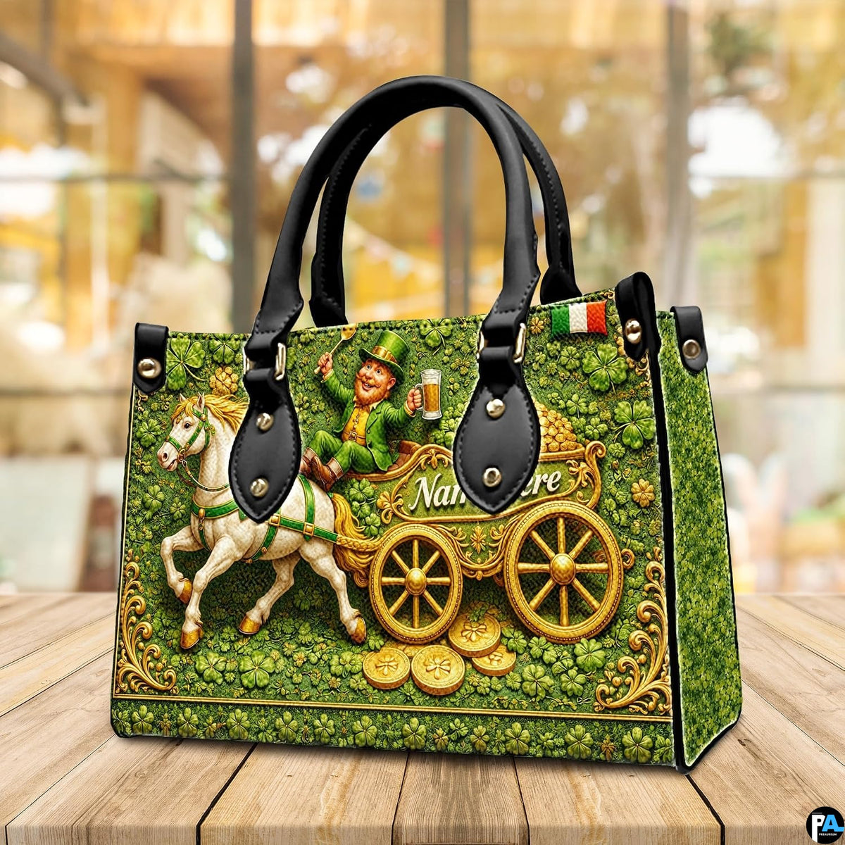 Angled Irish leprechaun handbag with shamrocks and gold cart