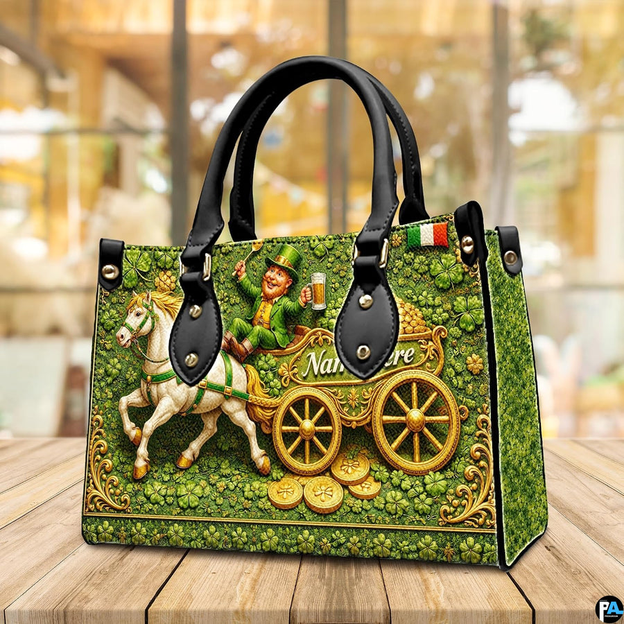 Angled Irish leprechaun handbag with shamrocks and gold cart