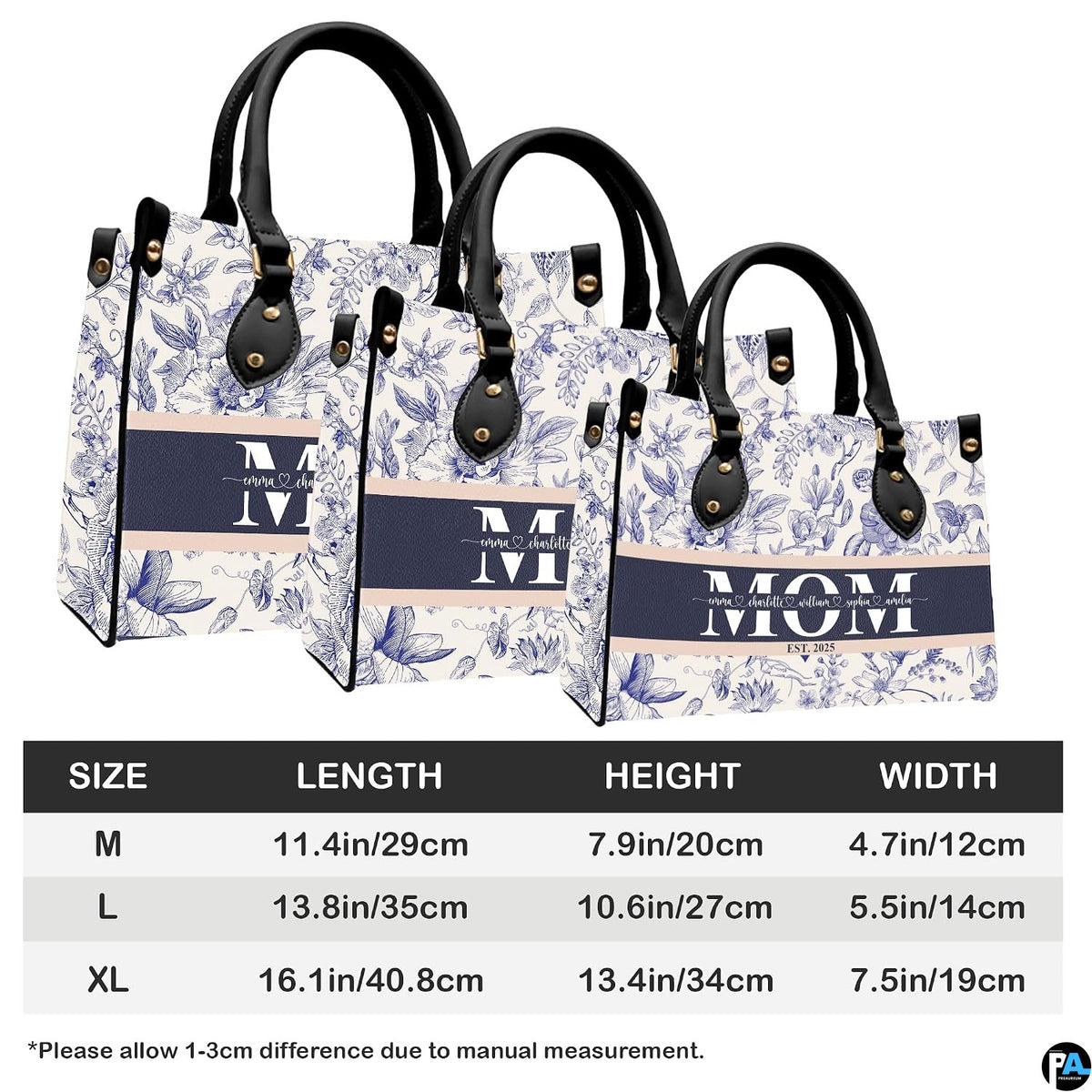 Dimensional proportion diagram illustrating scale of the blue toile floral accessory.