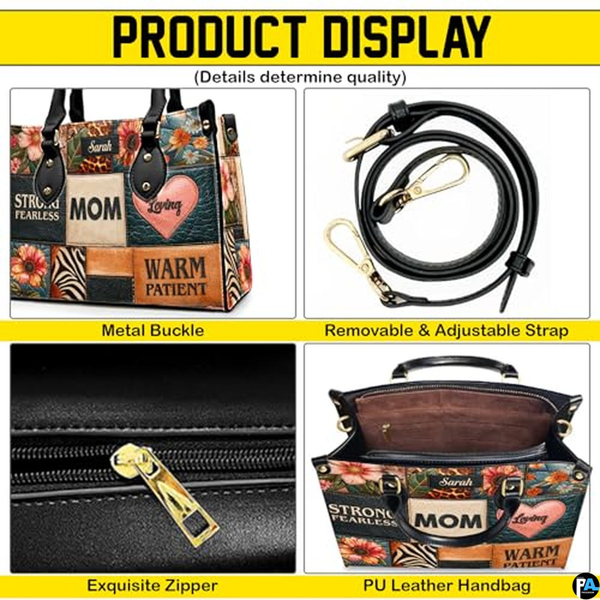 Personalized Leather Tote Bag and Purse for Mom Grandma, Custom Name Tote Bag, Birthday Gift for Mother, Grandma Gift Idea
