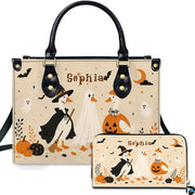 Personalized Halloween Gothic Leather Handbag Custom Raven Black Cat Purse Dark Fantasy Shoulder Bag Gift for Women