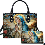 Stained glass praying Virgin Mary handbag featuring blue veil and garden roses.
