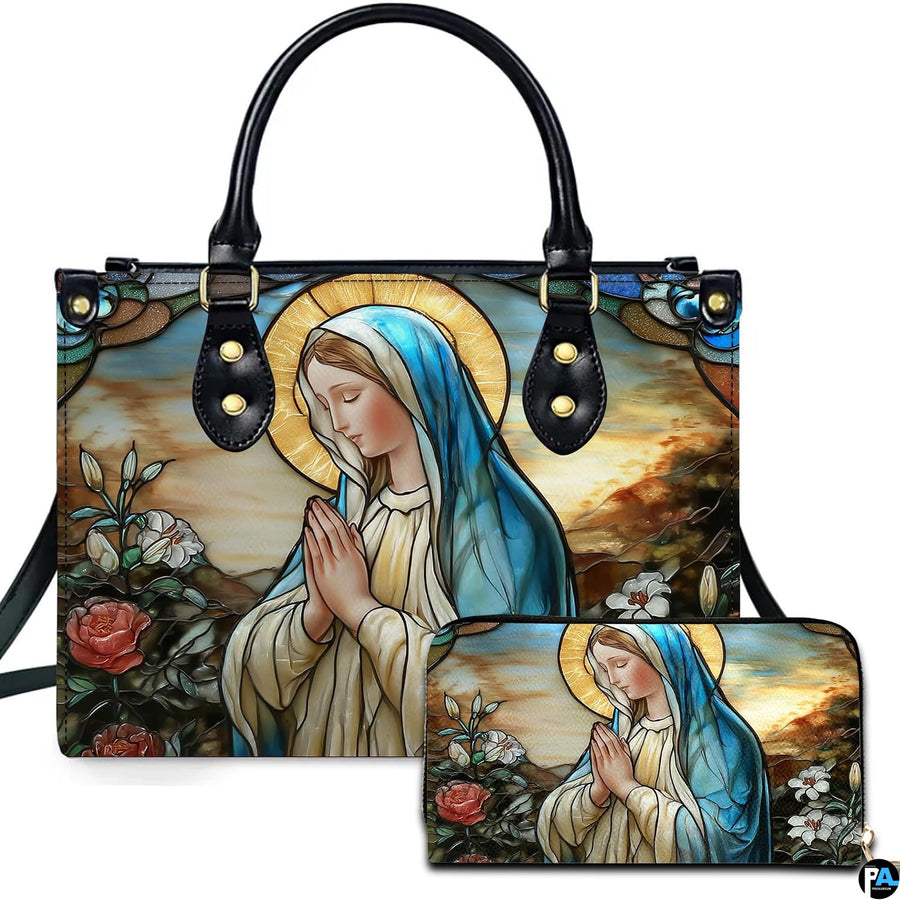 Stained glass praying Virgin Mary handbag featuring blue veil and garden roses.