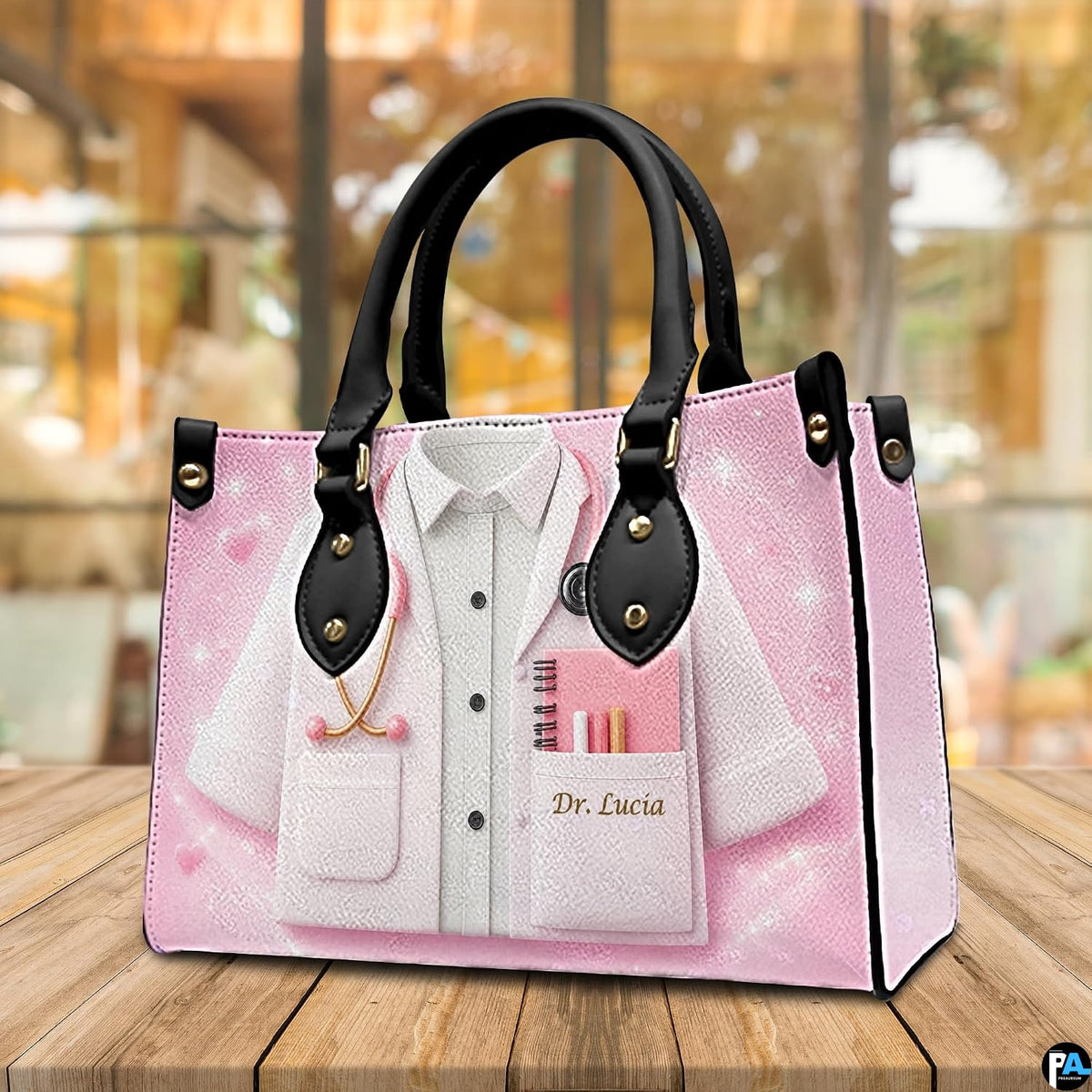 Back view of pink doctor handbag displaying textured pastel pink exterior surface