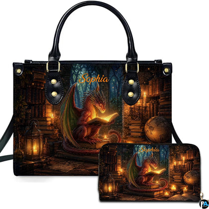 Front presentation featuring a winged dragon reading an illuminated spellbook in an antique candlelit library