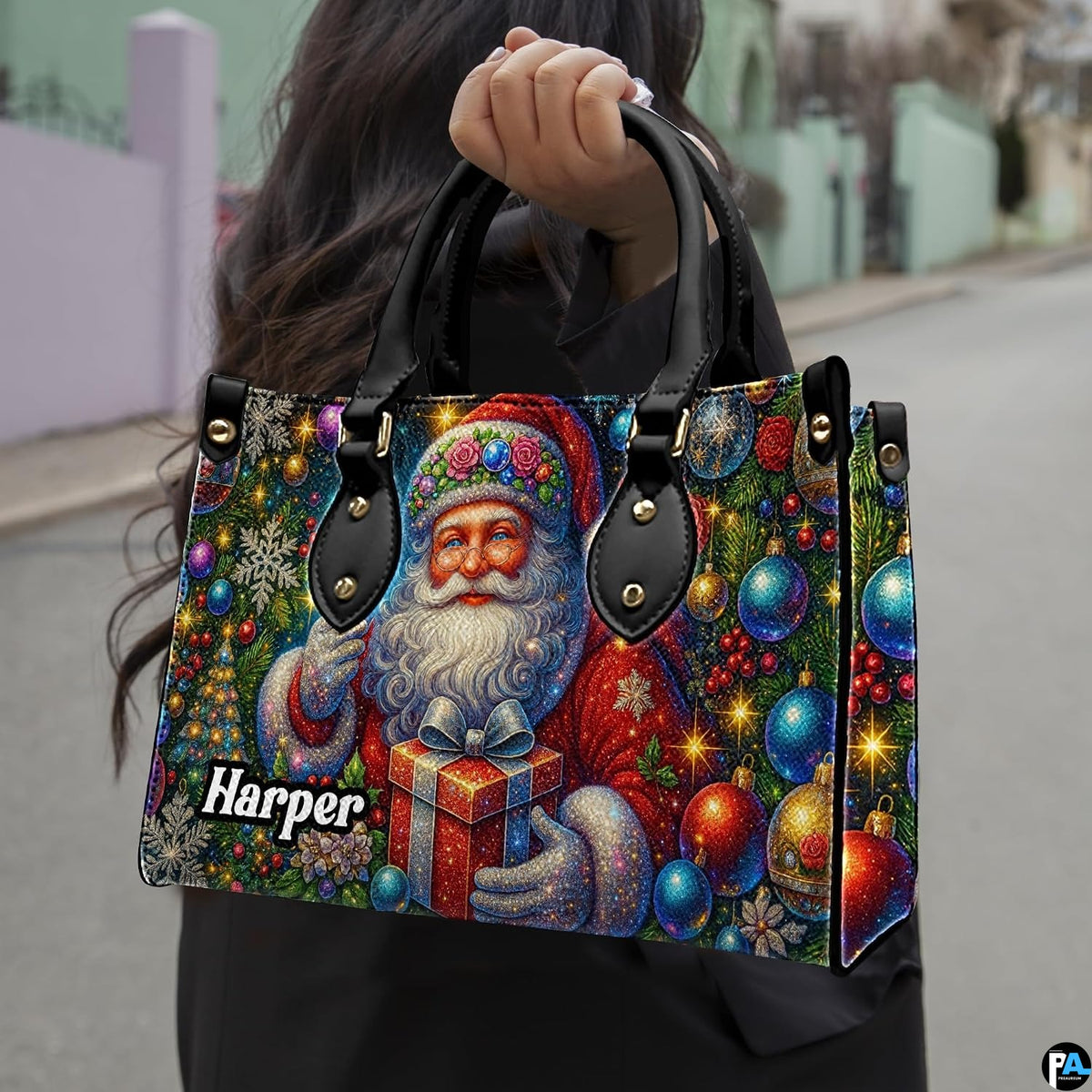 Person carrying vintage Santa top-handle bag outdoors along street.