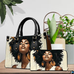 Afro portrait handbag and matching wallet displayed with cream black and gold artwork