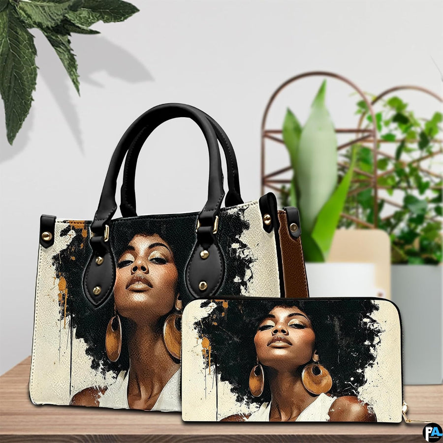 Afro portrait handbag and matching wallet displayed with cream black and gold artwork