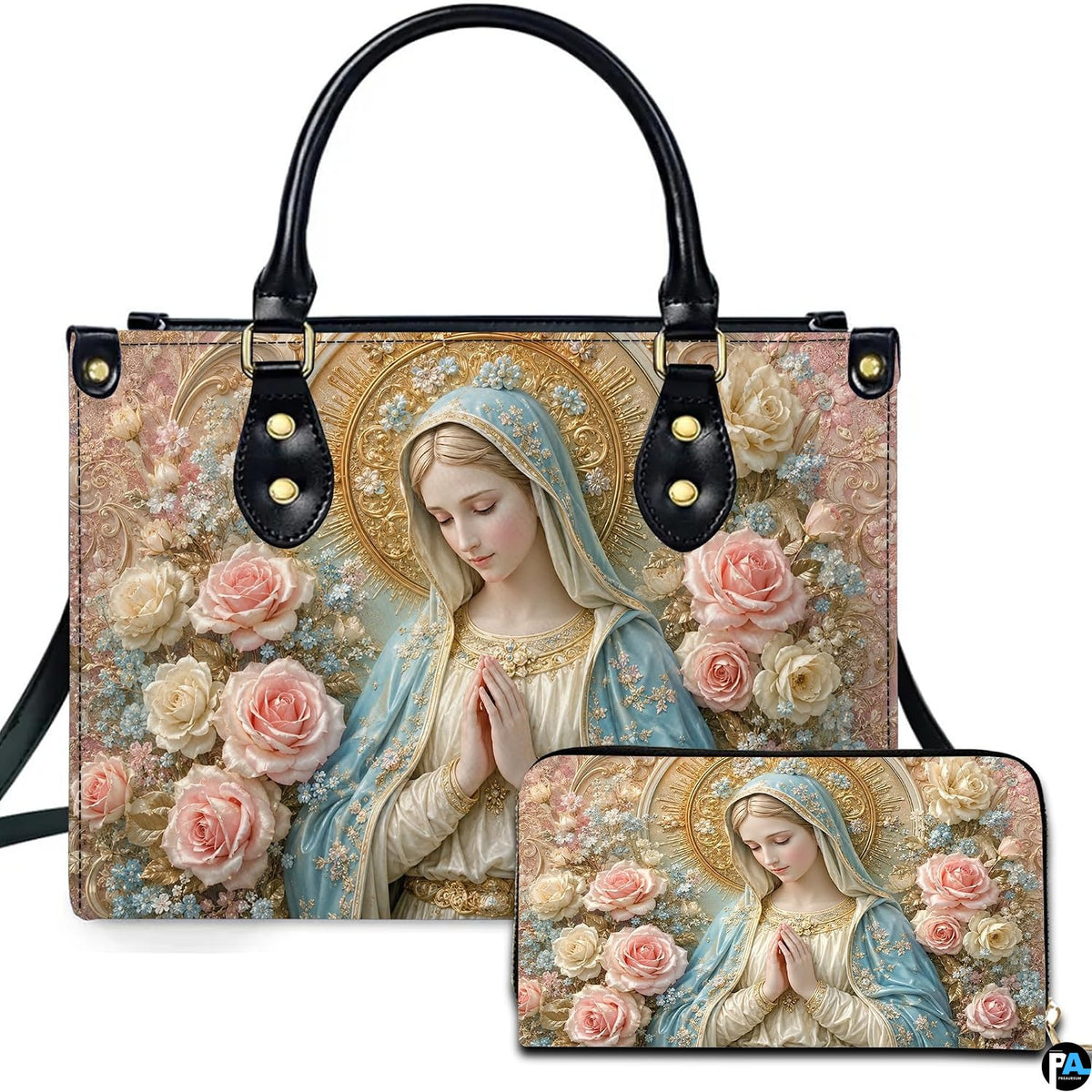 Front view of praying Madonna handbag and matching wallet set with blue veil and pastel roses
