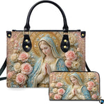 Front view of praying Madonna handbag and matching wallet set with blue veil and pastel roses