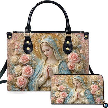 Front view of praying Madonna handbag and matching wallet set with blue veil and pastel roses