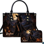 Personalized Witch Handbag with Purse, Custom Name Gothic Leather Bag Set for Women, Halloween Shoulder Bag, Witch Gift